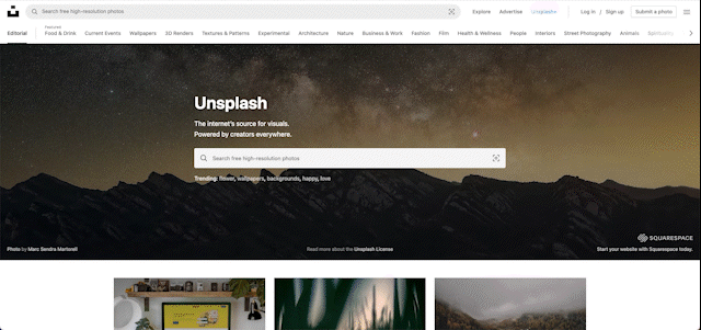 A gif depicting the scroll through the Unsplash website imagery website