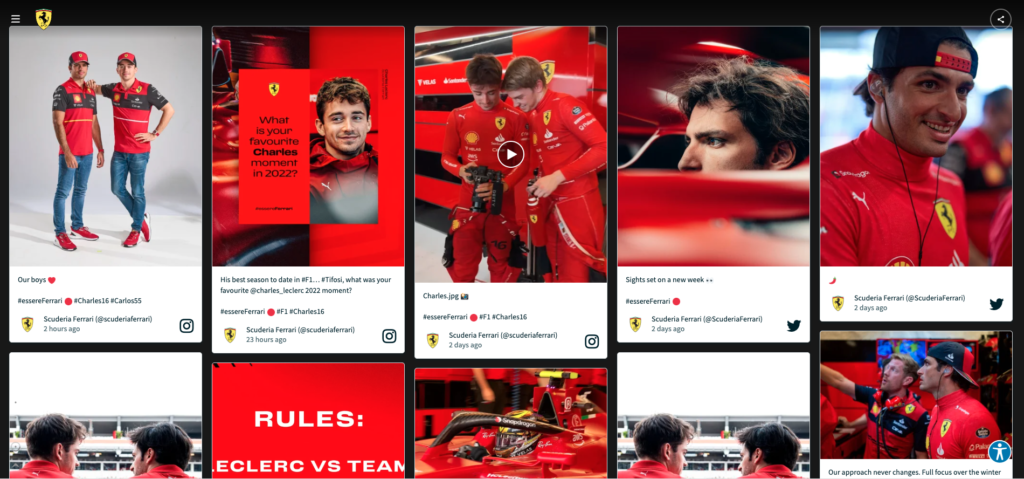 Screenshot showing a social media wlal on the ferrari f1 sports website