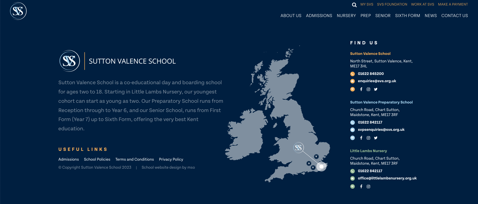 screenshot of SVS' website footer with extensive contact information to achieve good website customer service