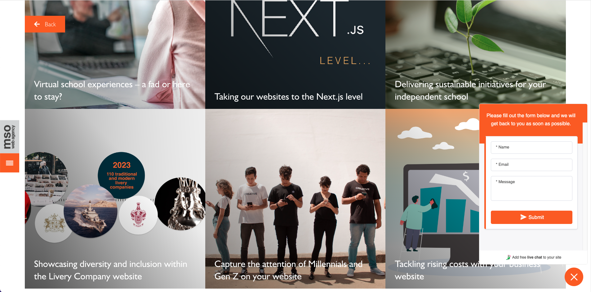 image showing the mso website with the website chat expanded to show how to achieve good website customer service