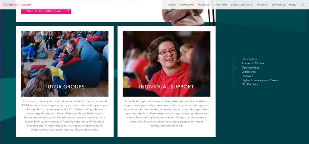Screenshot of the G&L independent school sixth form section page showing the INDIVIDUAL SUPPORT signpost
