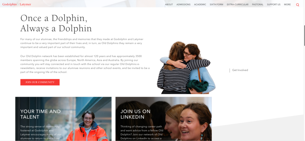 screenshot of the Godolphin and Latymer independent school website's OLD DOLPHIN alumni section