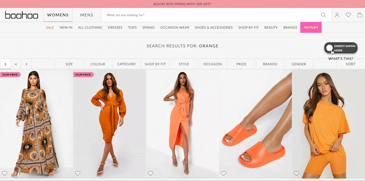 Energy saving mode on Boohoo website for website sustainability