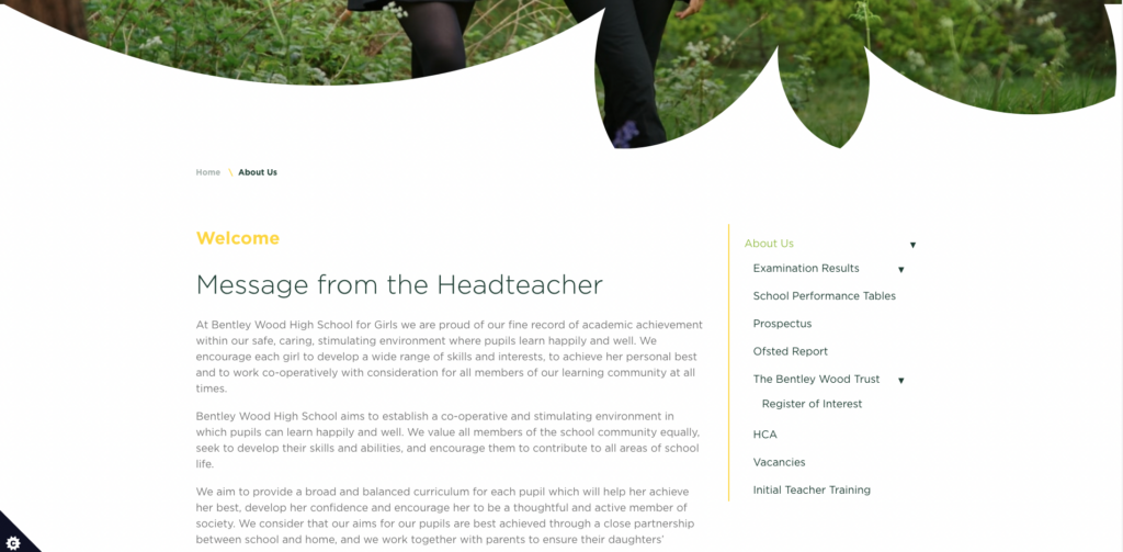 Screenshot of the Bentley Wood School website showing an example of the school website navigation subnav featured on a content page