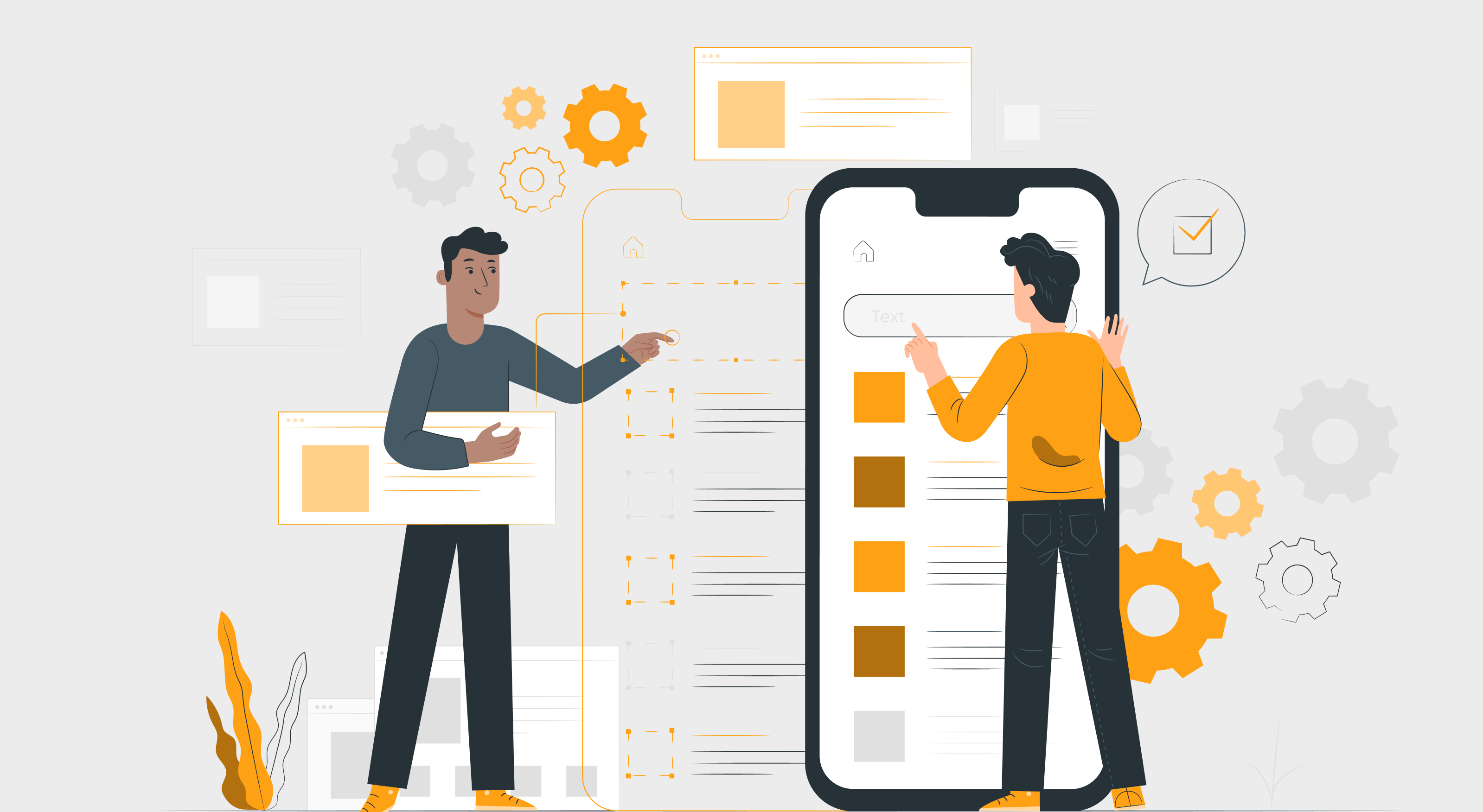 Illustration showing 2 data driven people interacting with graphics of a smartphone and dragging and dropping different elements on screen