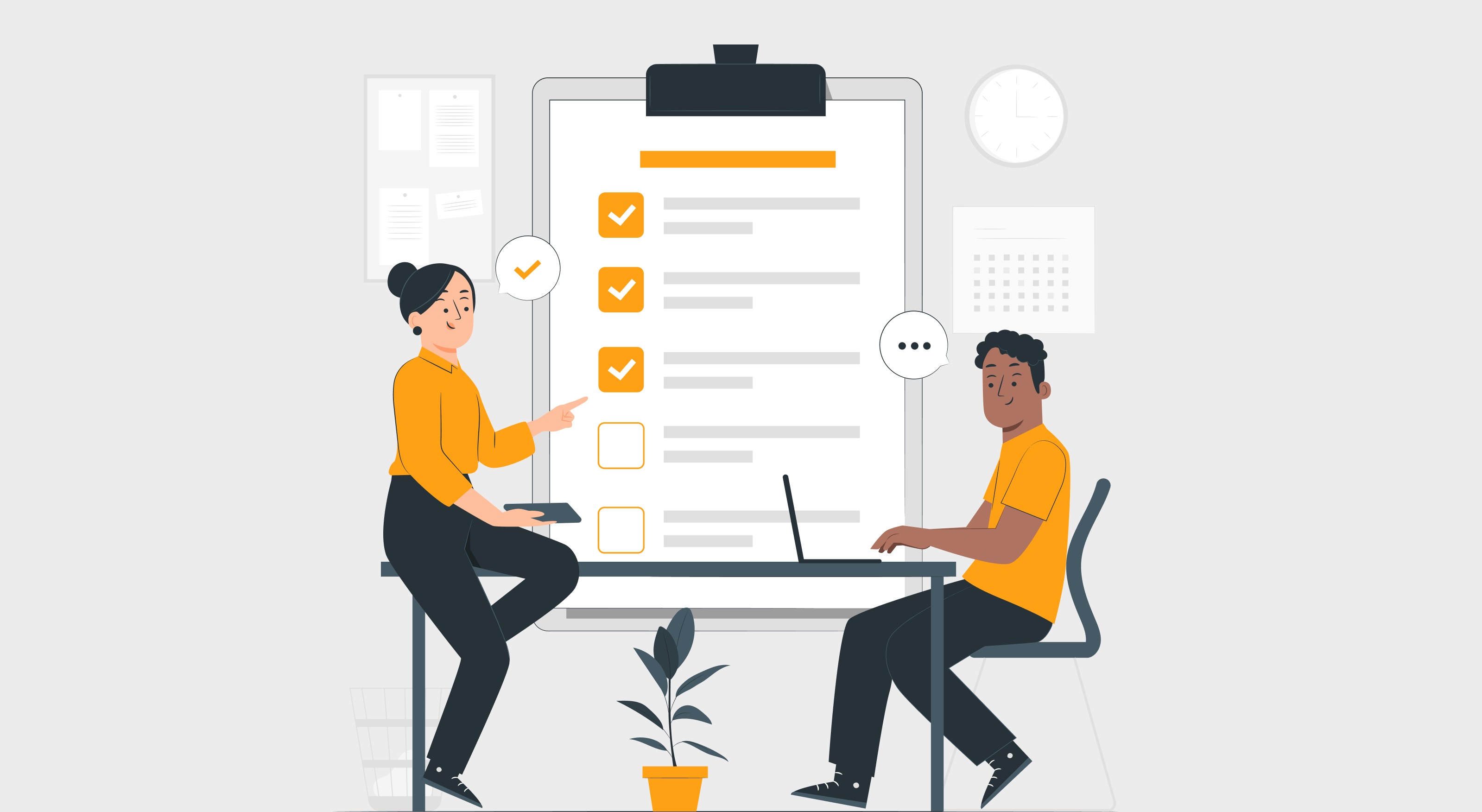 Illustration showing 2 data driven people sitting at a desk in front of a large clipboard which features tick boxed bullet points representative of survey questions